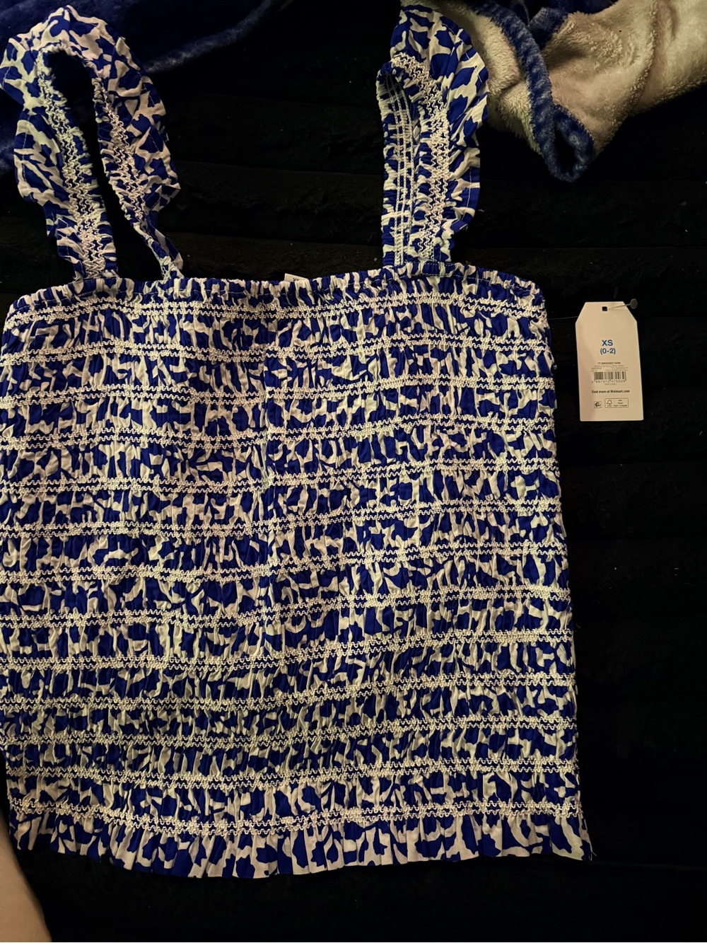 Time and Tru Blue and White Smocked Print Tank Top